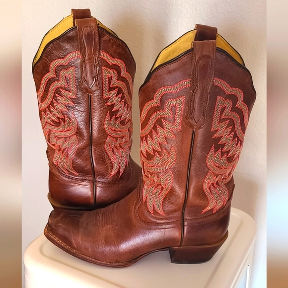 Nocona cowgirl western cowboy brown leather square toe boots 8M - Picture 1 of 8